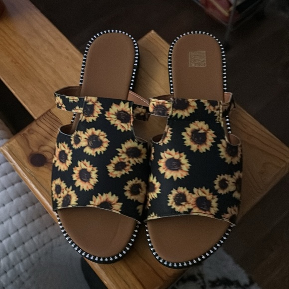 Women's Sunflower Print Slide Sandals, Casual Open Toe Flat Summer Shoes - Picture 2 of 7